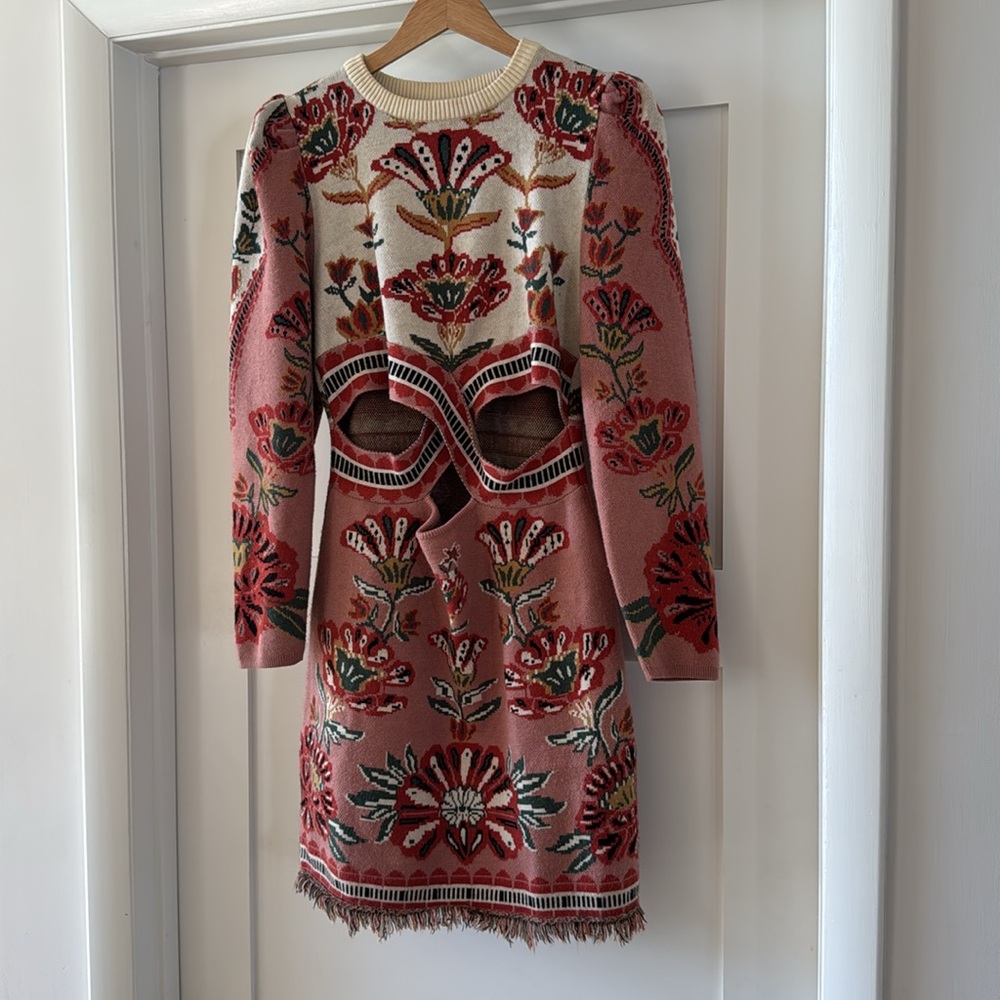 Fringed Mini Sweater Dress with Intricate Bodice and Puff Sleeves for Cocktail